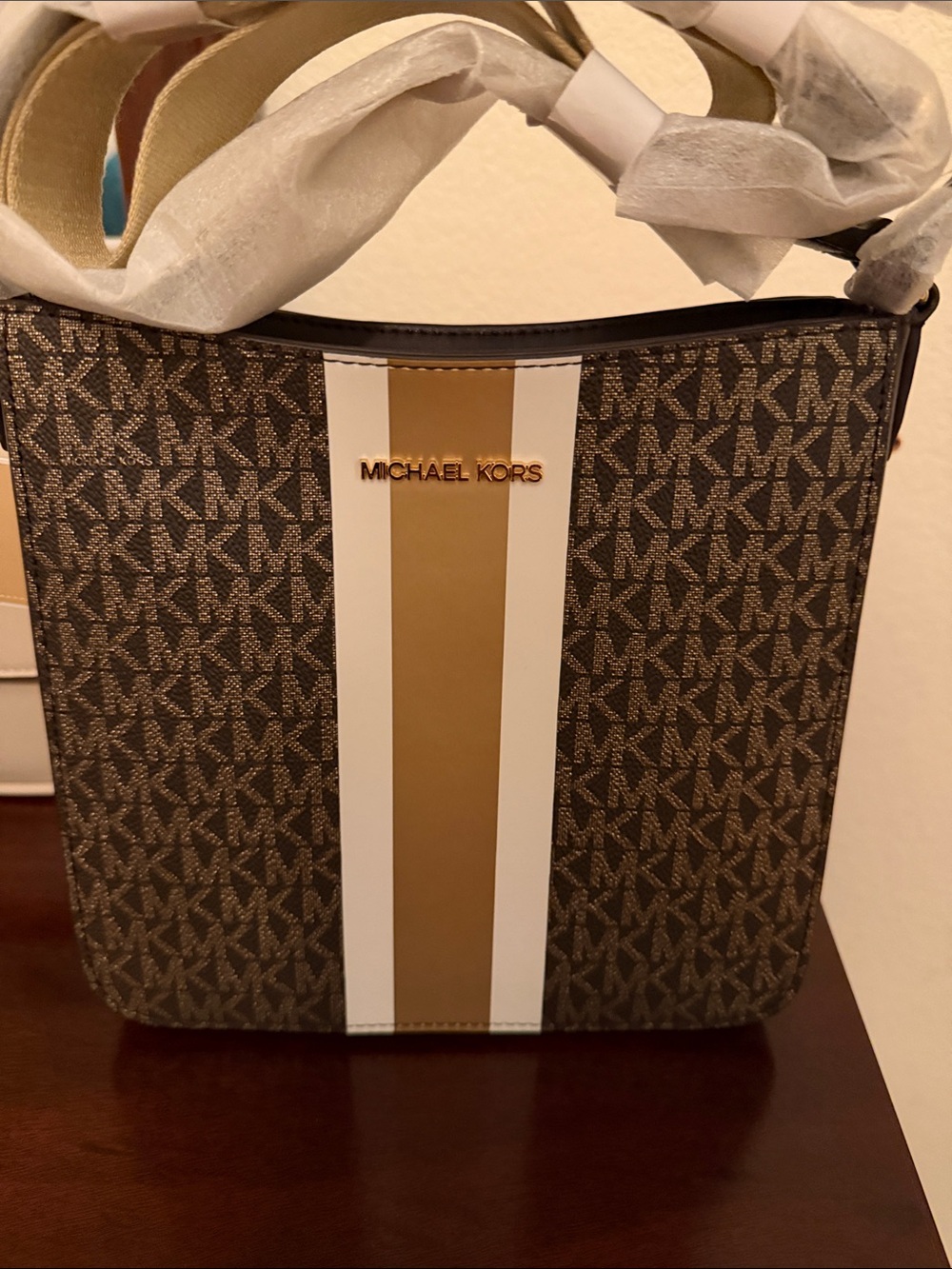 Michael Kors Brown Logo Messenger with White and Gold Center Stripe